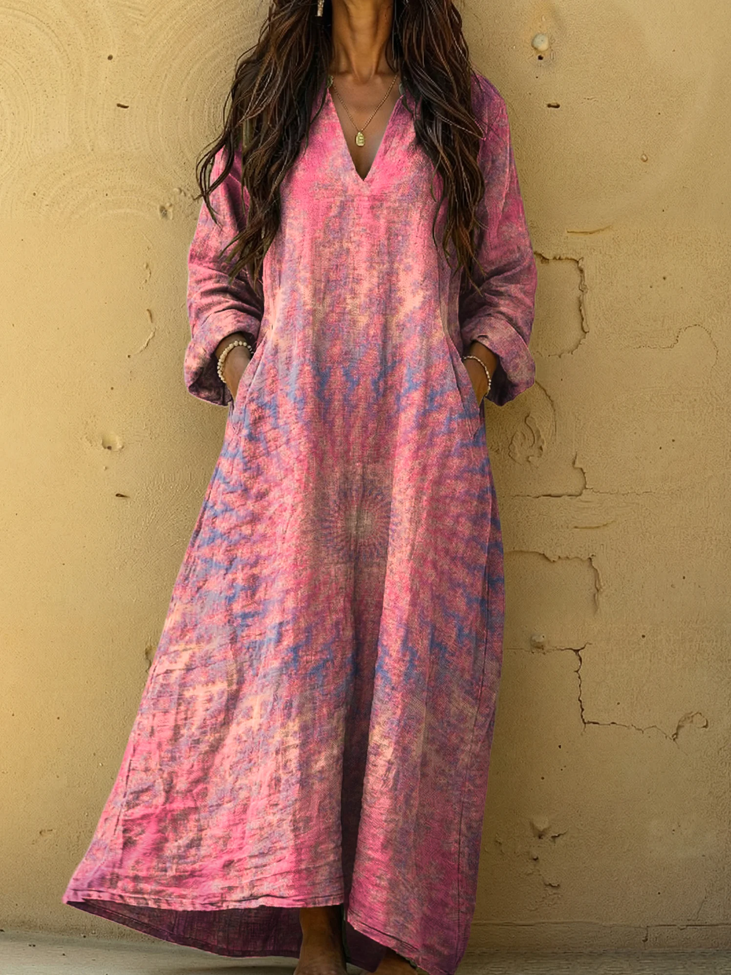 Women's Vintage Ethnic Pink Mandala Art Printed Casual V-neck Long Sleeve Cotton Dresses