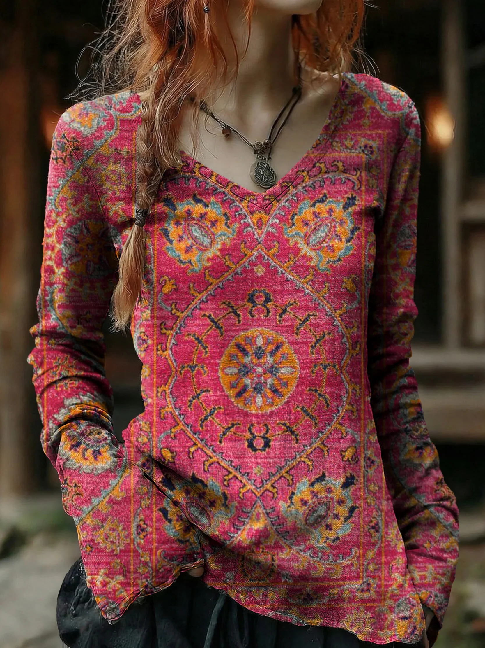 Women's Vintage Ethnic Red Floral Totem Art Print Casual V-neck Cotton Top