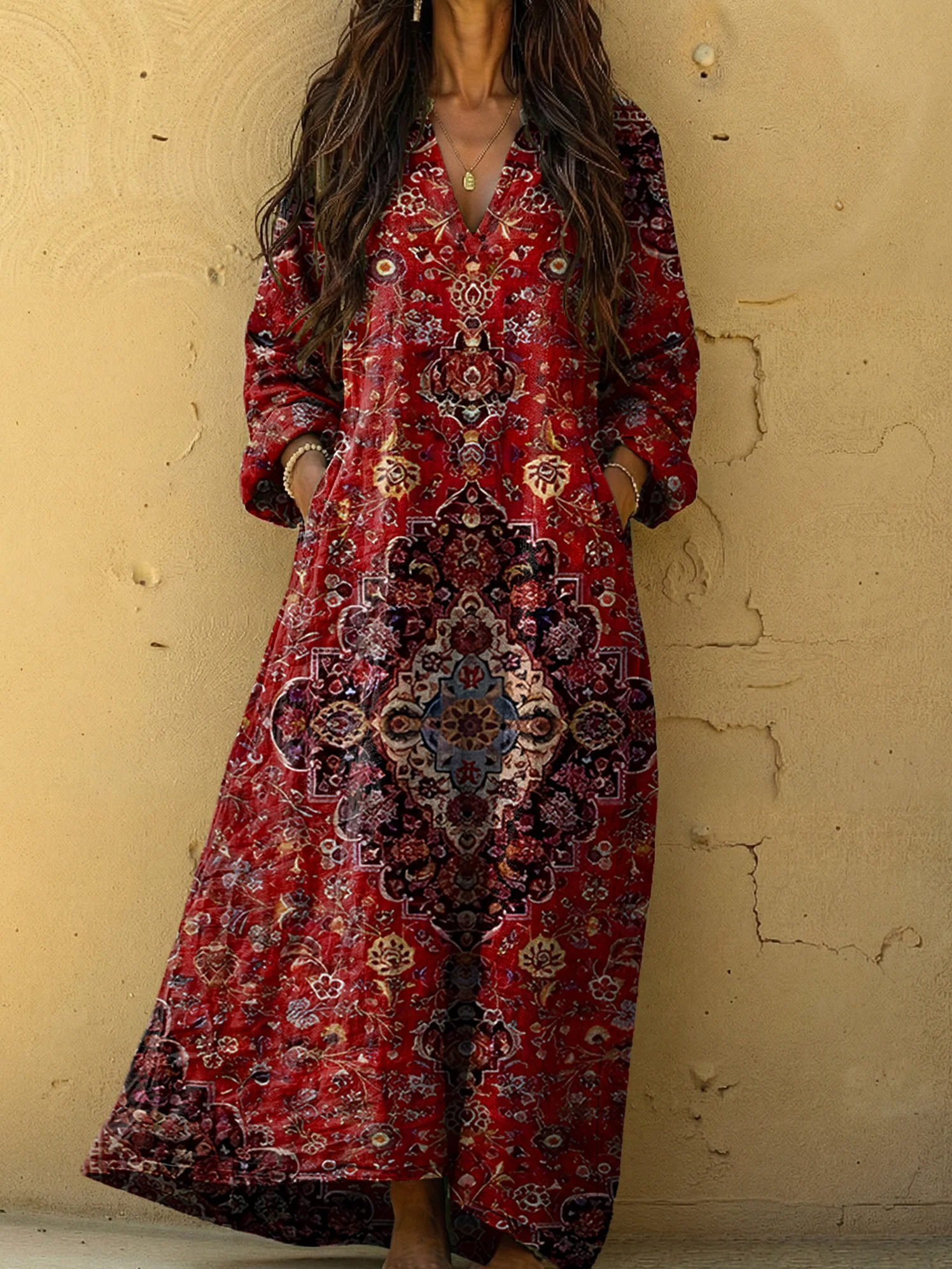 Women's Vintage Ethnic Red Floral Totem Art Printed Casual V-neck Long Sleeve Cotton Dresses