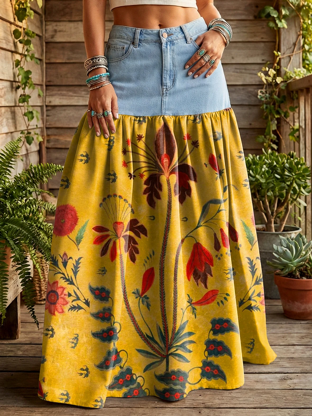 Women's Vintage Ethnic Yellow Floral Art Print Casual Denim Patchwork Half Skirt