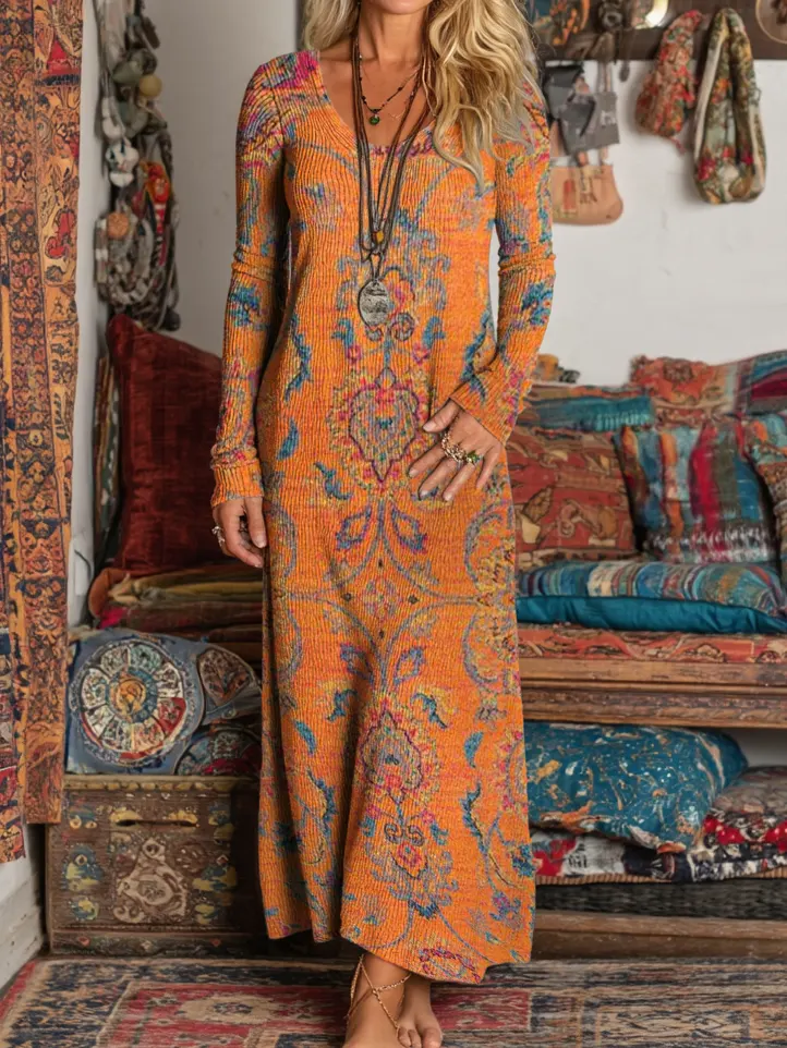 Women's Vintage Ethnic Yellow Totem Art Print Elegant V-neck Long Sleeve Knit Pocket Dress