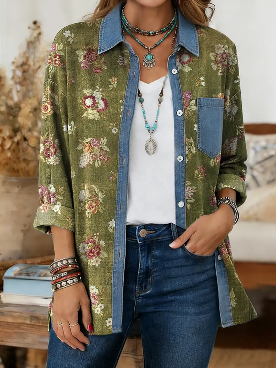 Women's Vintage Floral Art Print Casual Denim Patchwork Cotton Shirt