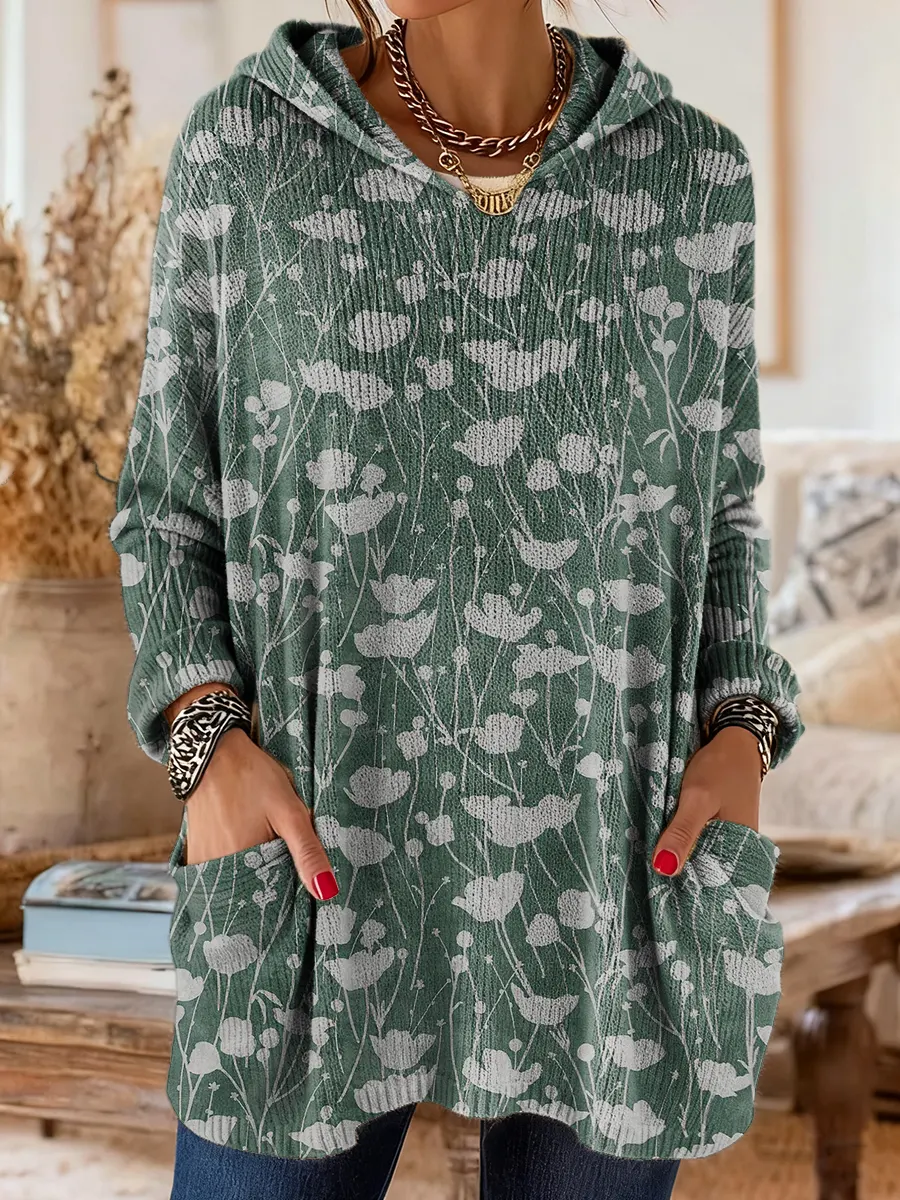 Women's Vintage Floral Art Print Casual Knit Hoodie With Pockets