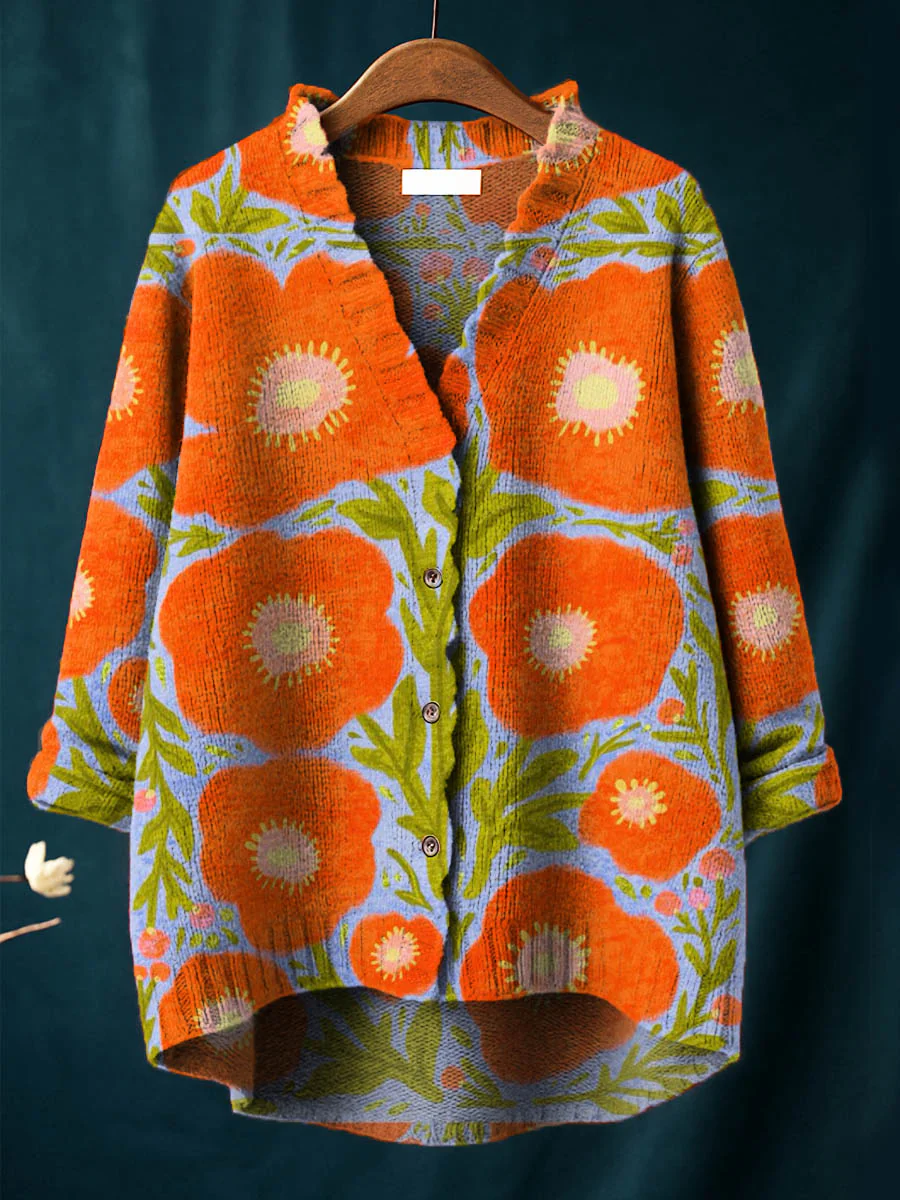 Women's Vintage Floral Art Print Casual Pullover Sweater