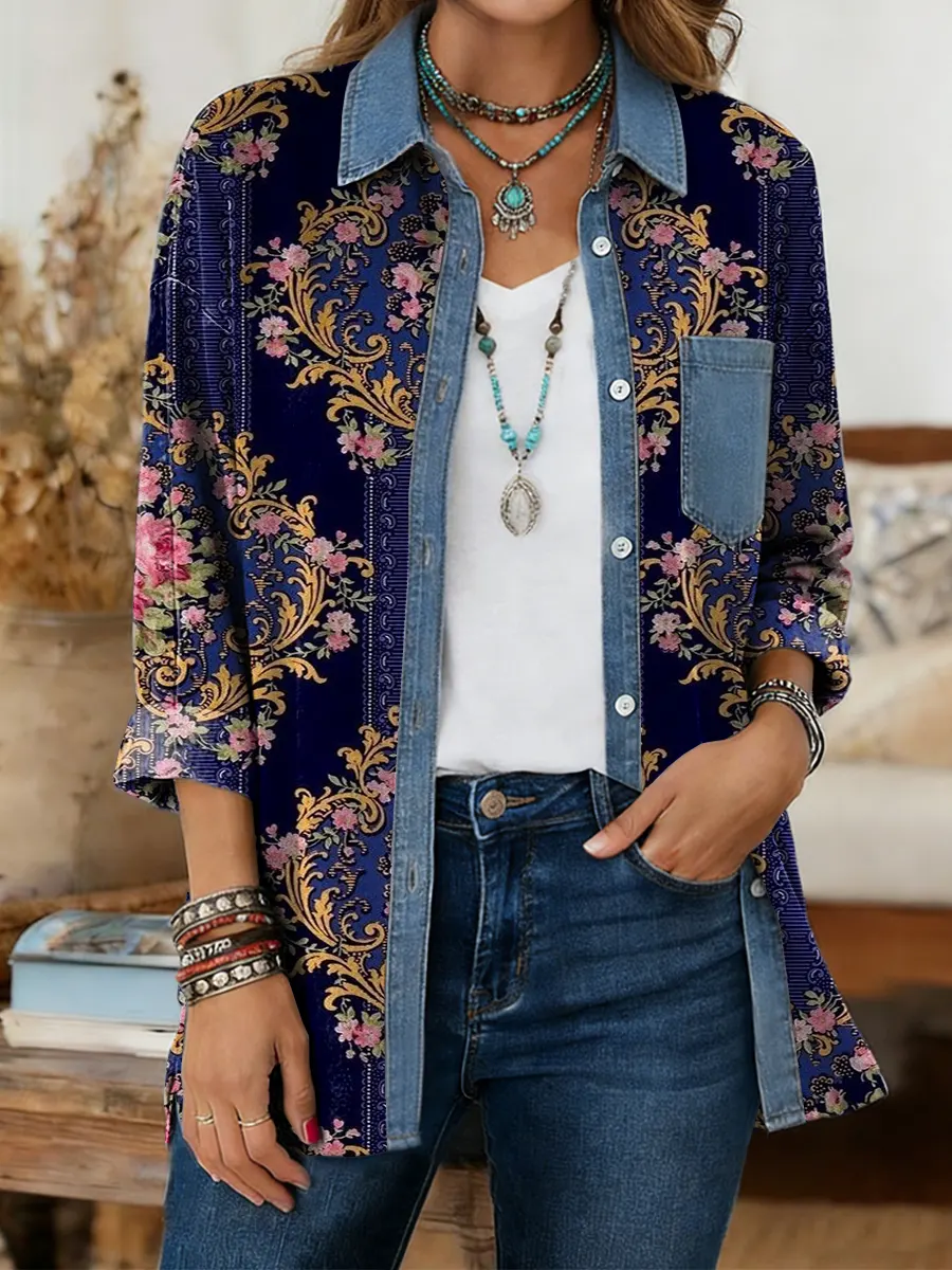 Women's Vintage Floral Art Print Long-sleeve Casual Shirt