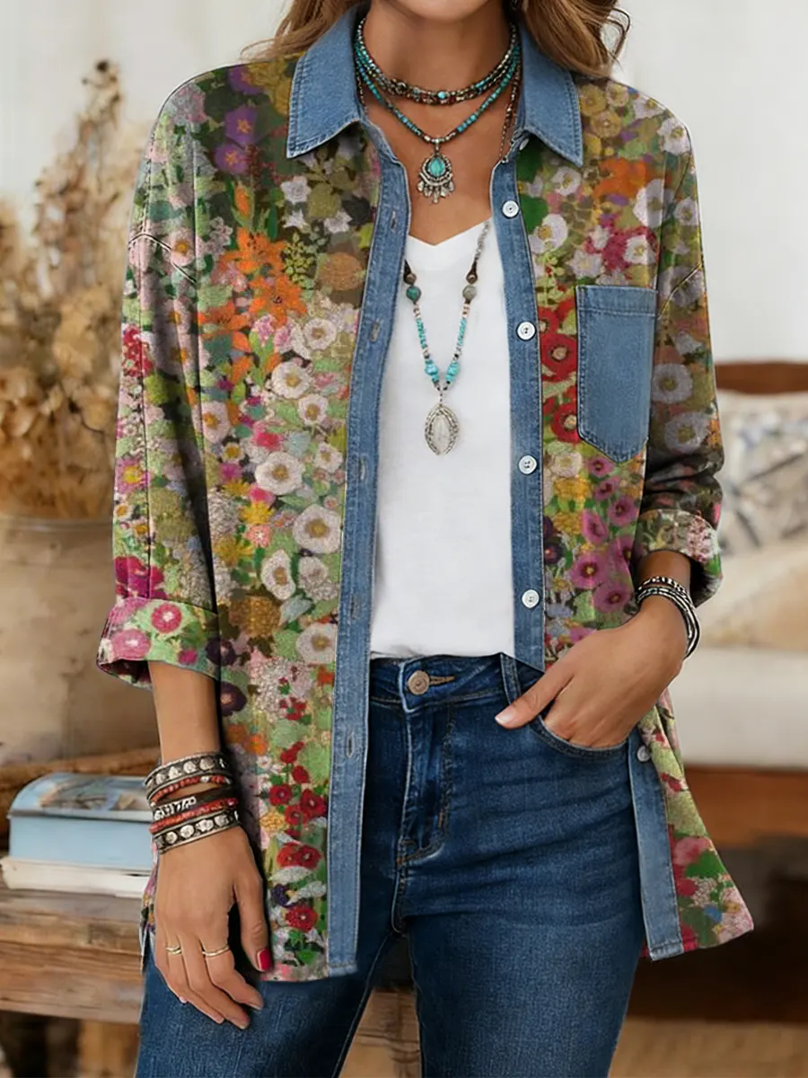 Women's Vintage Floral Art Print Long-sleeve Casual Shirt