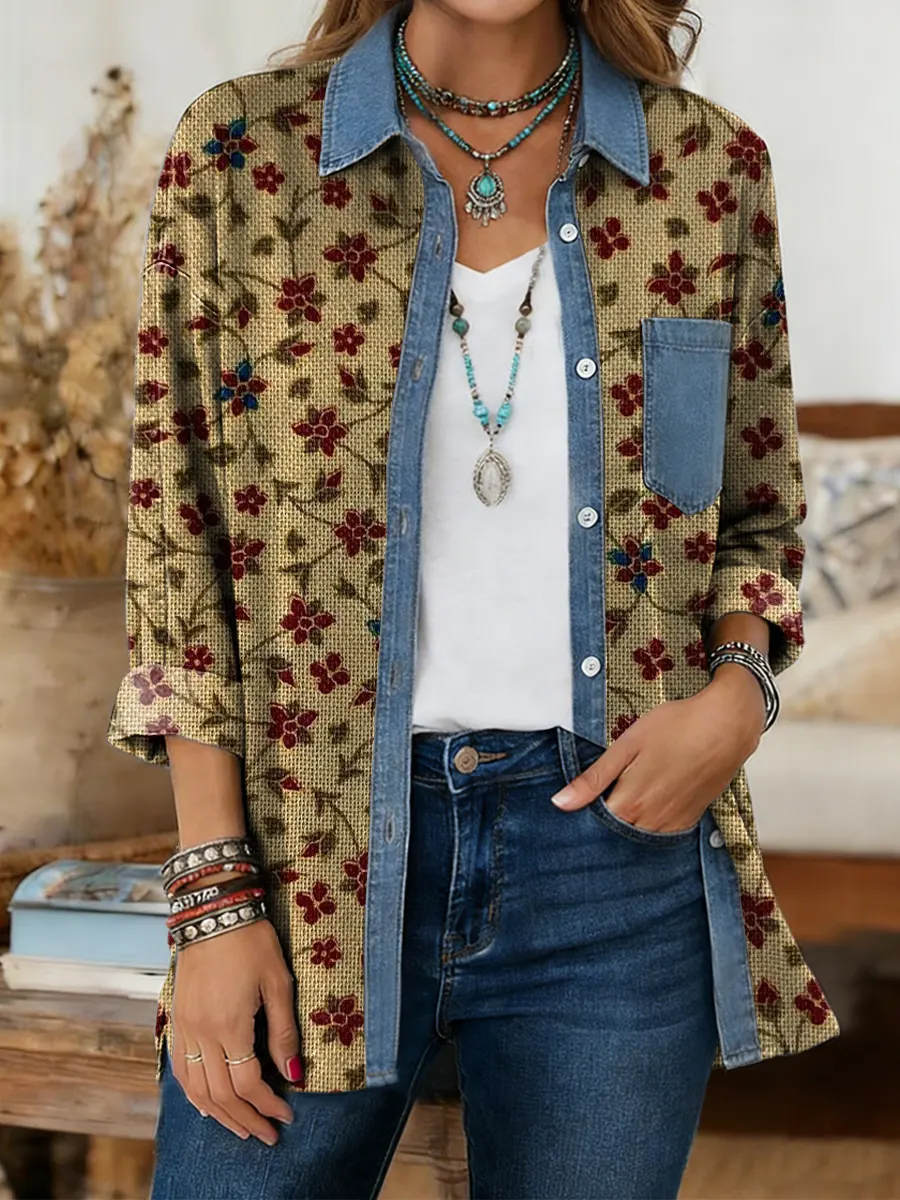 Women's Vintage Floral Art Print Long-sleeve Casual Shirt