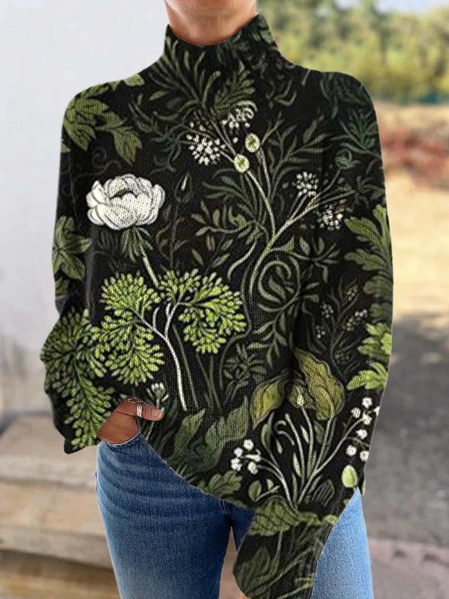 Women's Vintage Floral Botanical Art Print Knitted Turtleneck Sweater - Image 2