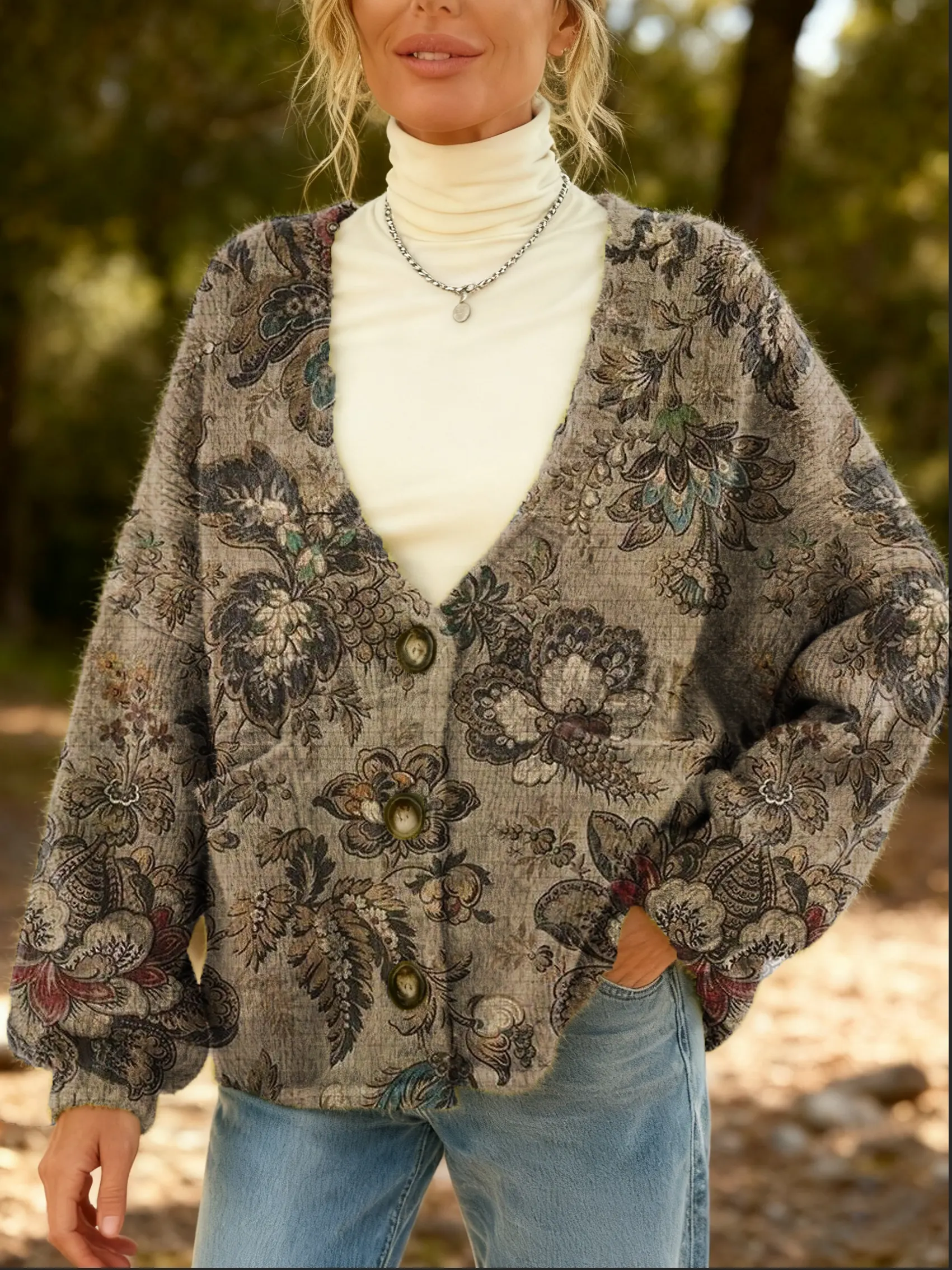 Women's Vintage Floral Pattern Art Print Cardigan With Pockets