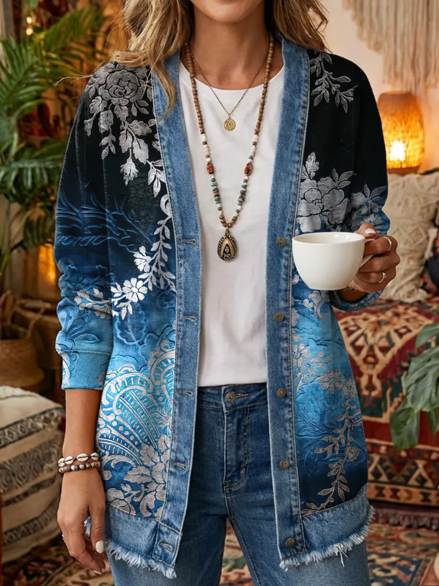 Women's Vintage Floral Pattern Art Print Casual Long-sleeve Shirt Jacket