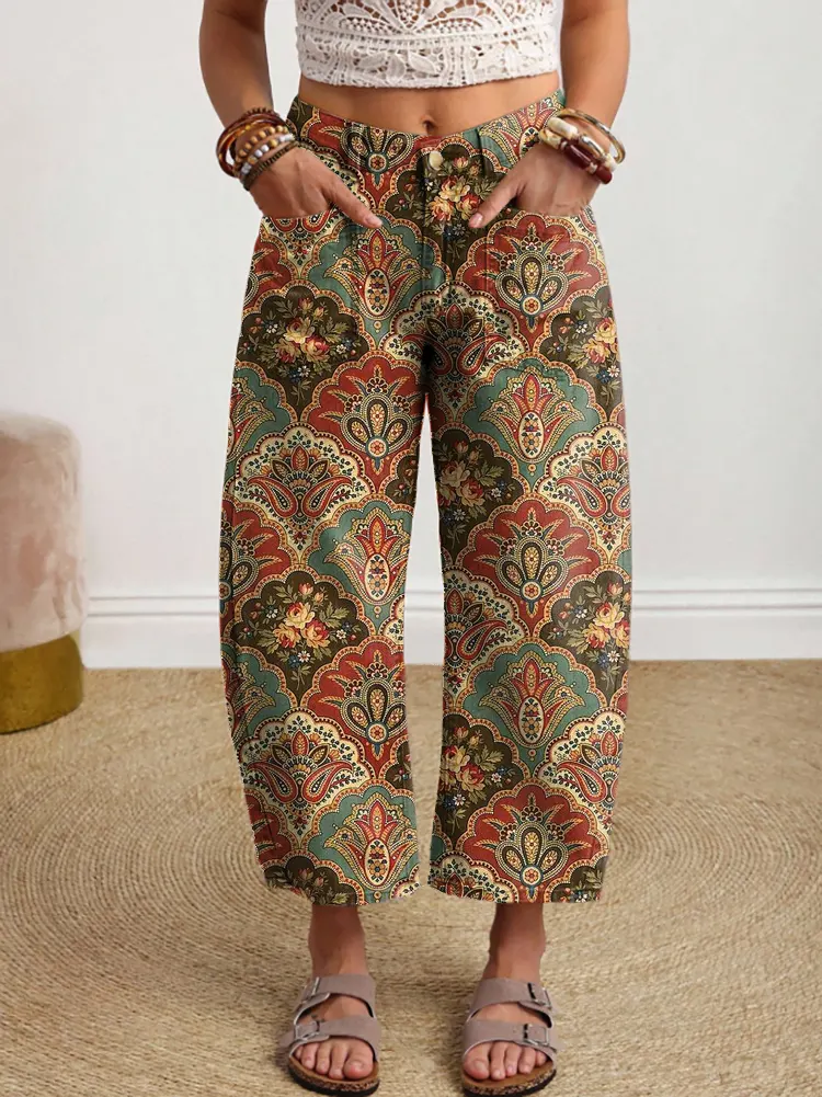 Women's Vintage Floral Pattern Art Print Jeans