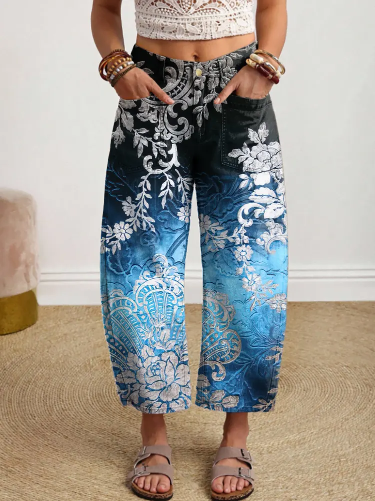 Women's Vintage Floral Pattern Art Print Jeans