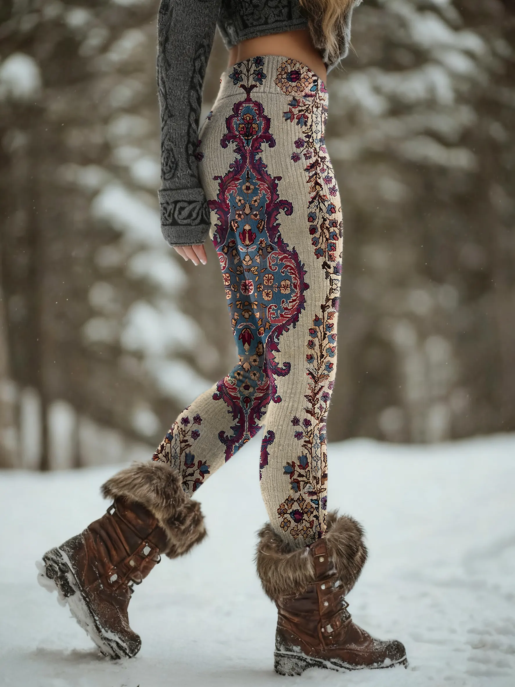Women's Vintage Floral Pattern Art Print Knit Leggings