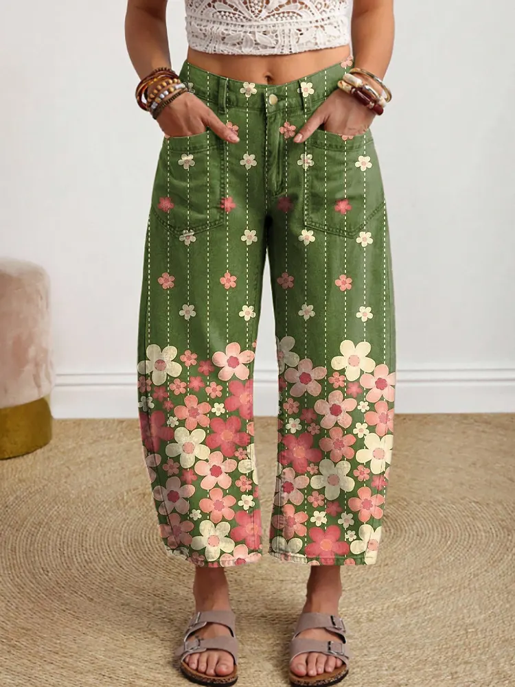 Women's Vintage Floral Petal Art Print Casual Cotton Trousers With Pockets