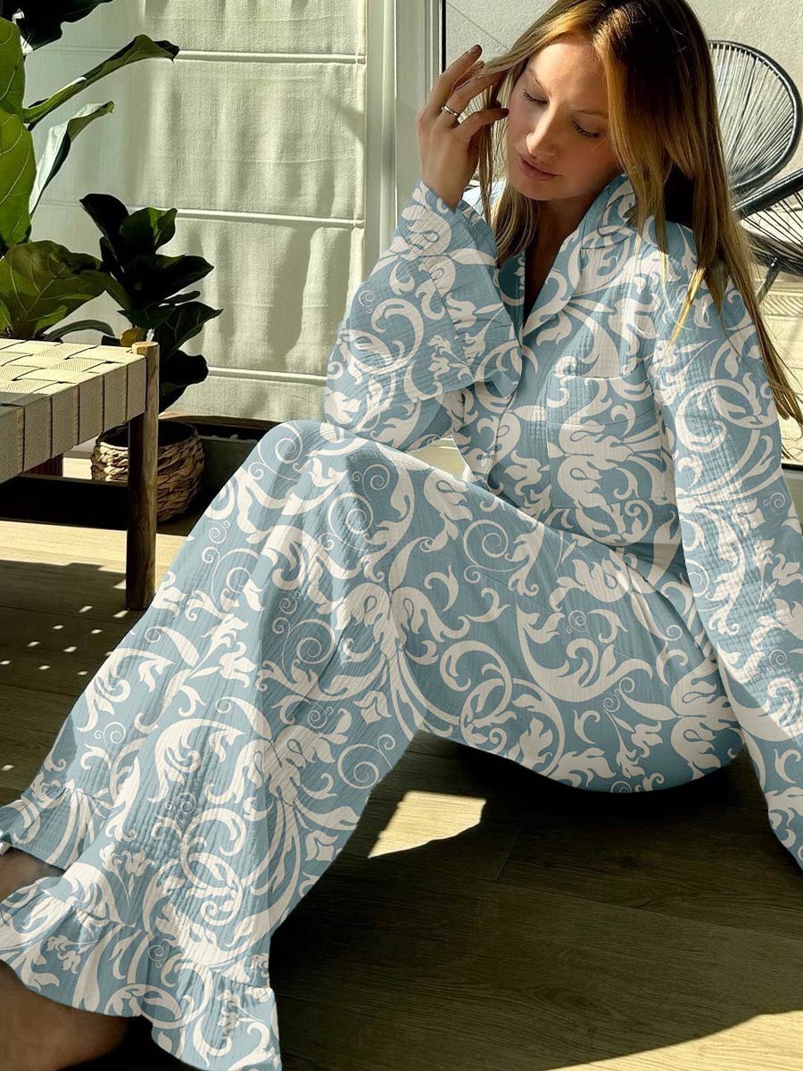 Women's Vintage Floral Print Ruffle Pajama Set - Image 2