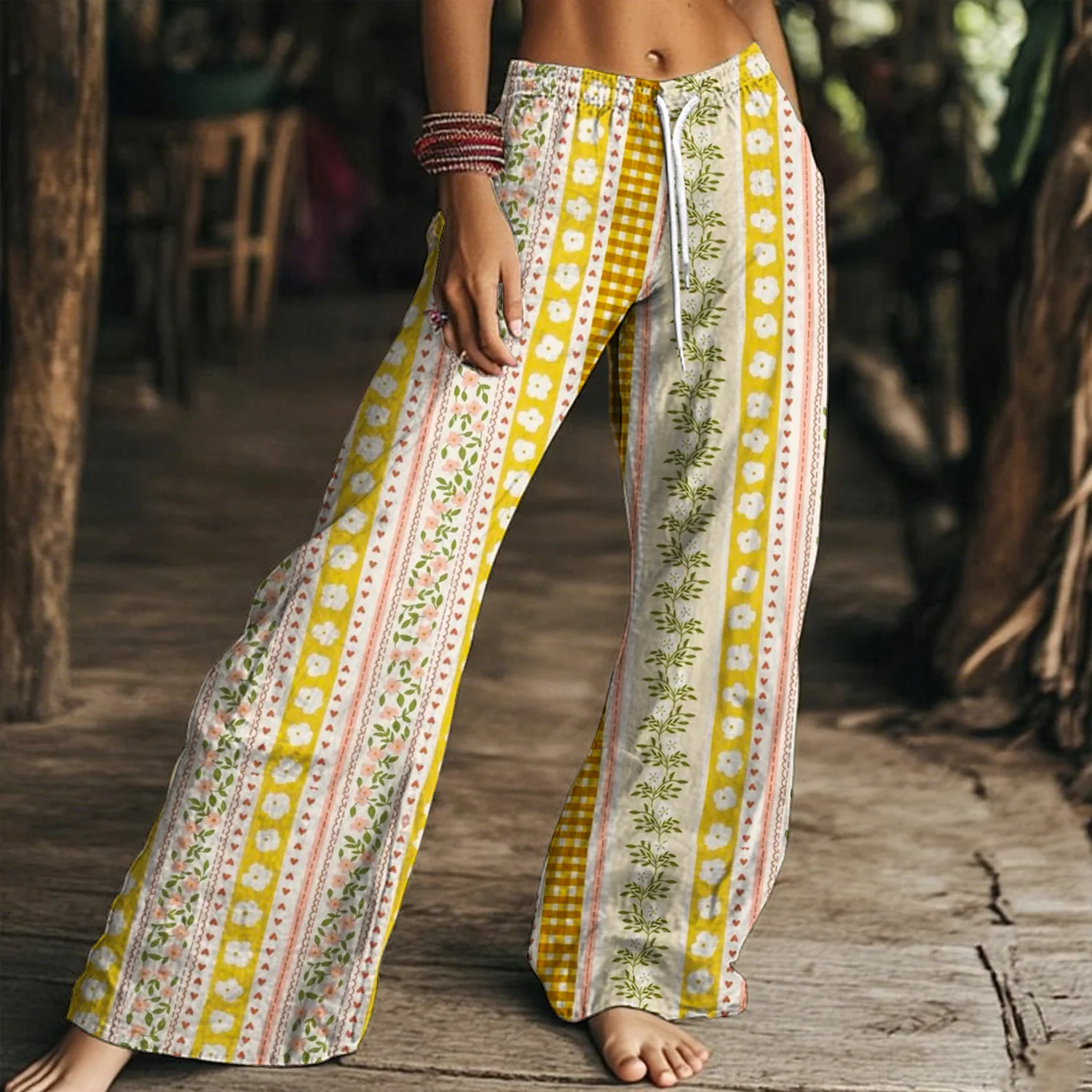 Women's Vintage Floral Striped Drawstring Wide-Leg Pants