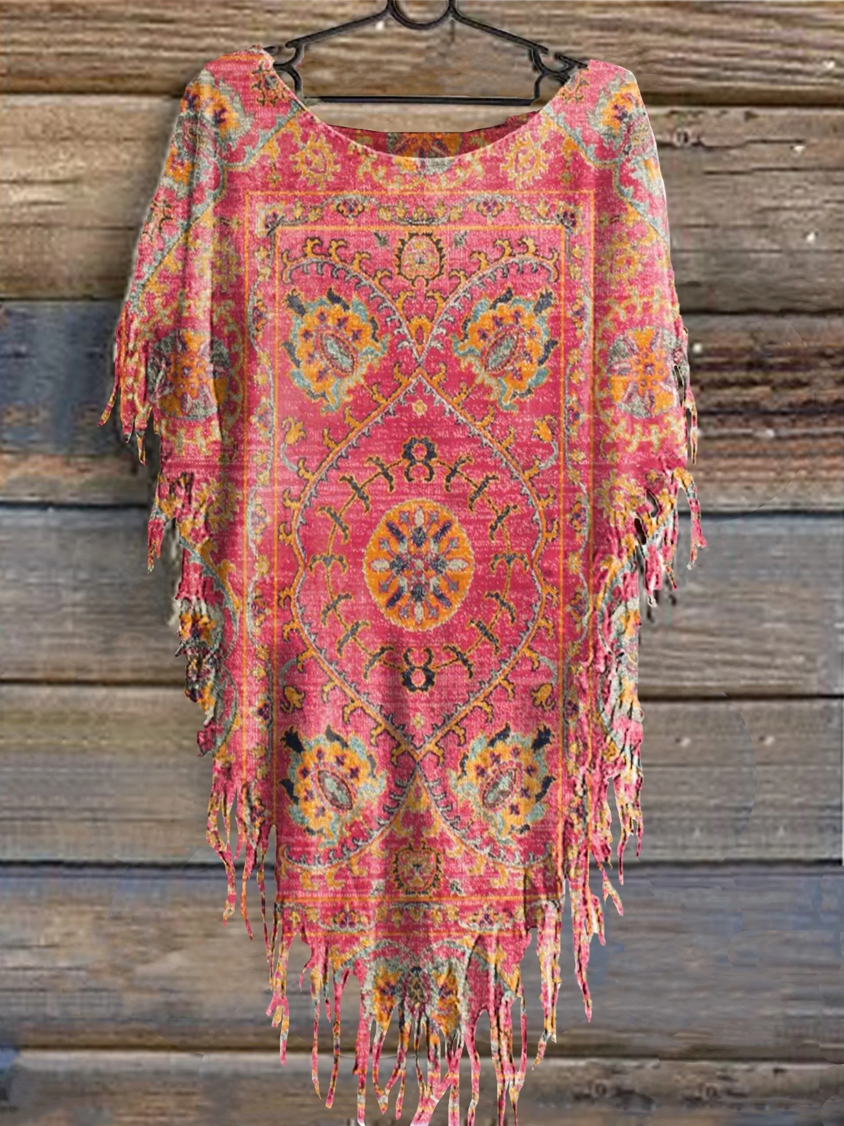 Women's Vintage Floral Totem Print Punk Hippie Batwing Tussle Fringes Poncho Dress - Image 2