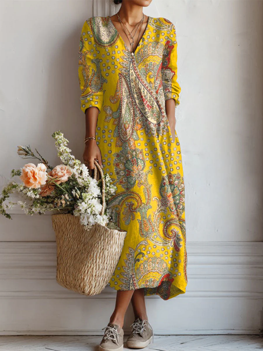Women's Vintage Flower Art Print Linen Pocket Tunic Dress