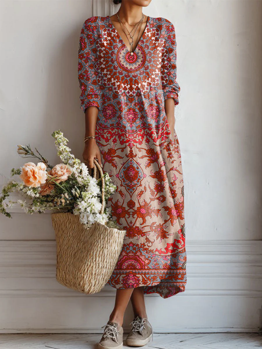 Women's Vintage Flower Art Print Linen Pocket Tunic Dress