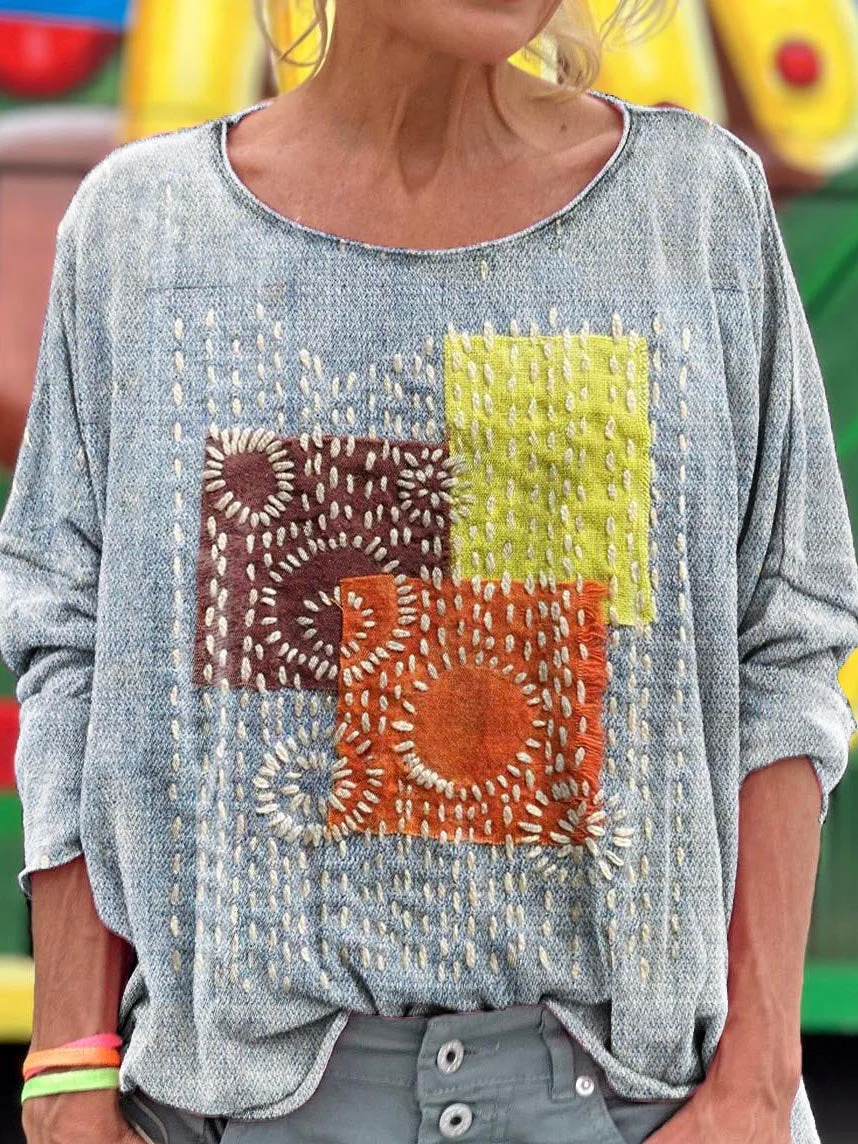 Women's Vintage Flower Pattern Splicing Art Print T-shirt - Image 3