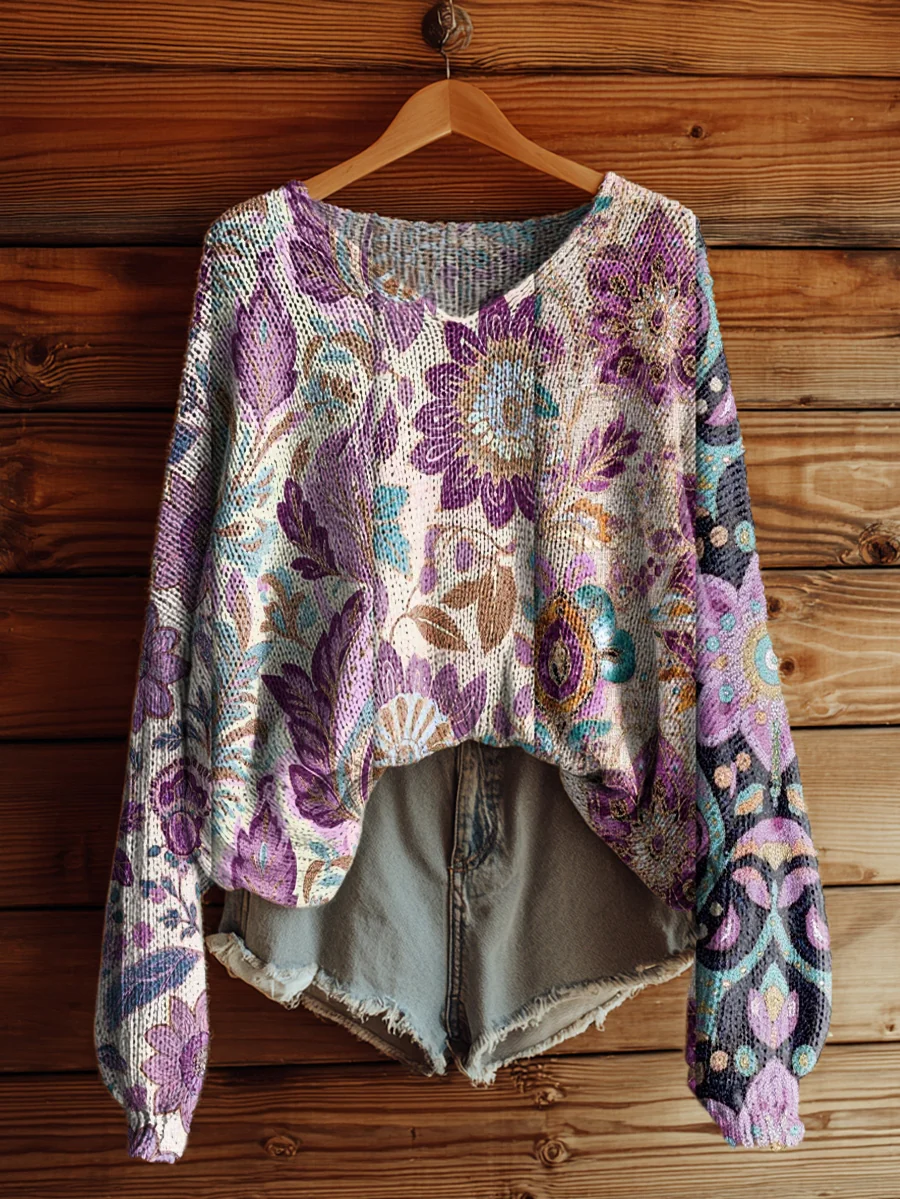 Women's Vintage Folk Art Floral Pattern Print Casual V Neck Pullover Sweater