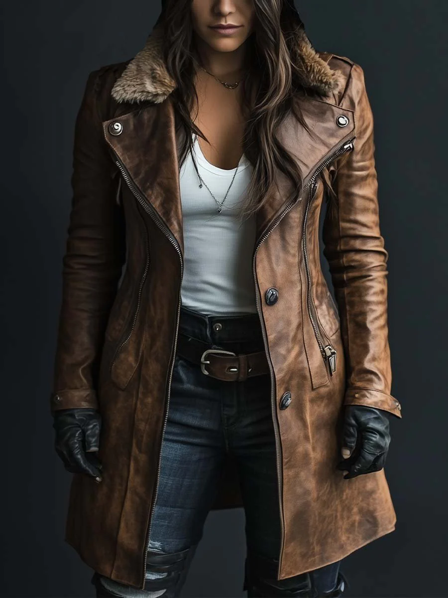 Women's Vintage Fur Collar Zipper Faux Leather Coat