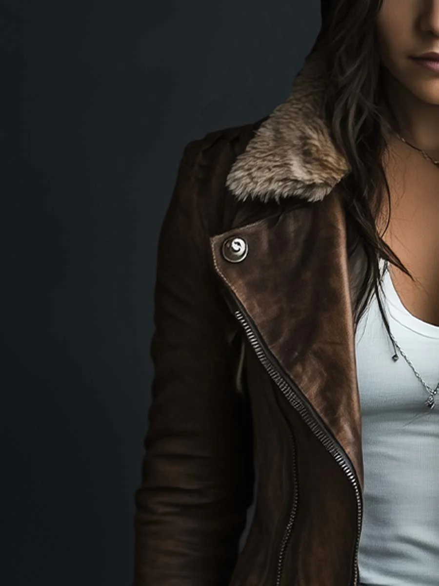 Women's Vintage Fur Collar Zipper Faux Leather Coat - Image 2