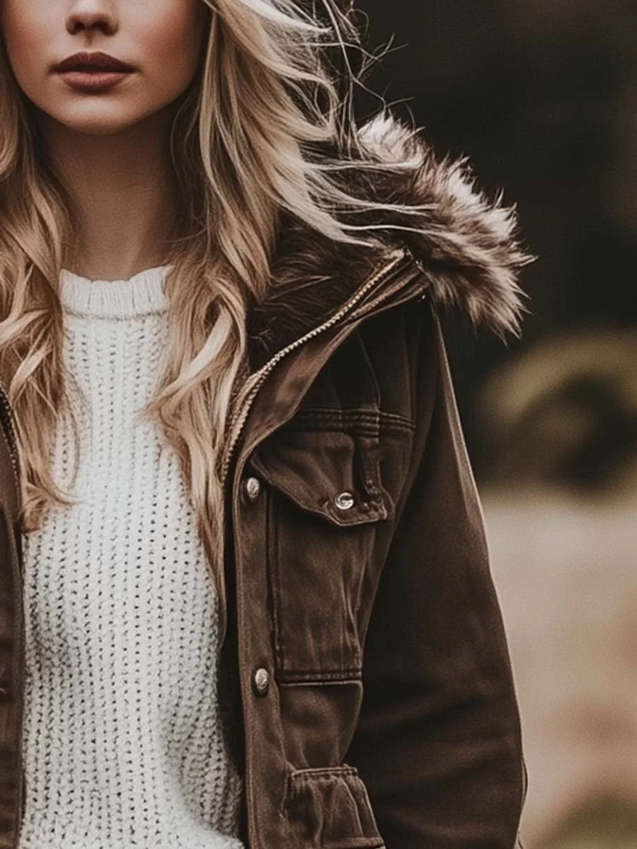 Women's Vintage Fur Hooded Work Windbreaker Jacket - Image 2