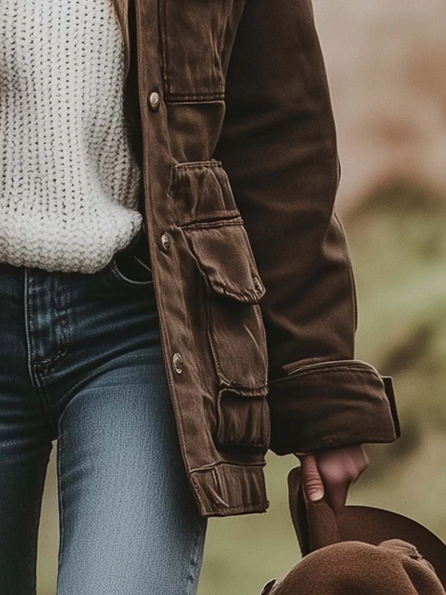 Women's Vintage Fur Hooded Work Windbreaker Jacket - Image 4