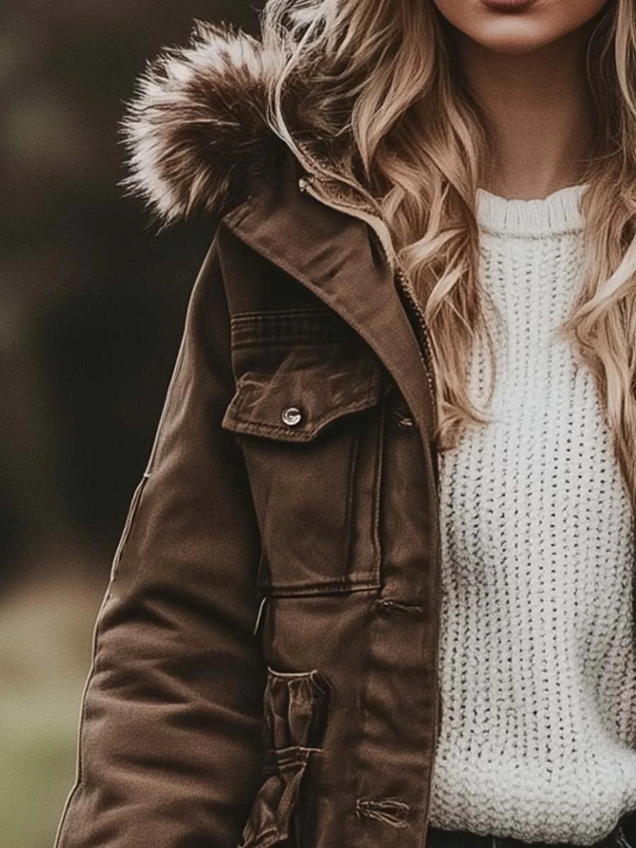Women's Vintage Fur Hooded Work Windbreaker Jacket - Image 5