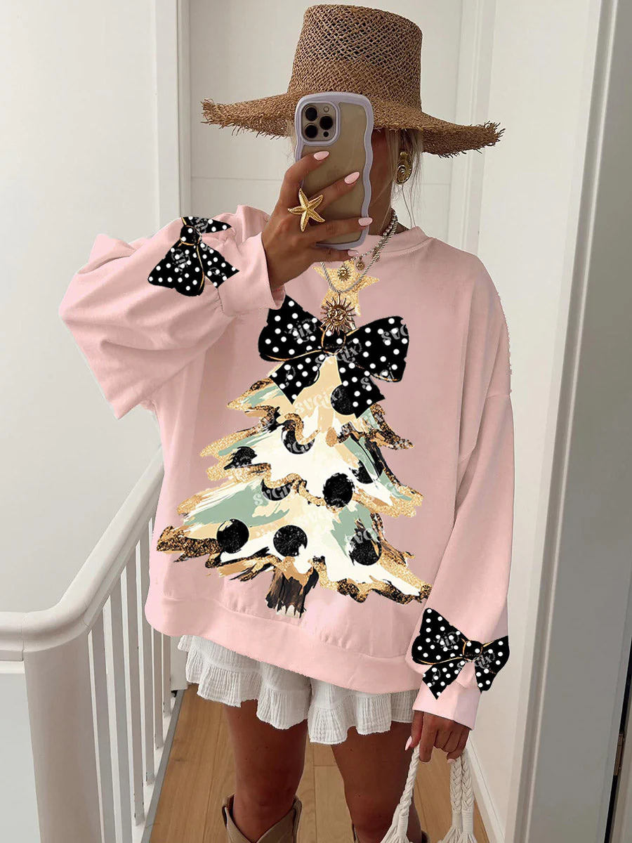 Women's Vintage Gold Dust Black Polka Dot Bow and Christmas Tree Fun Print Sweatshirt - Image 2