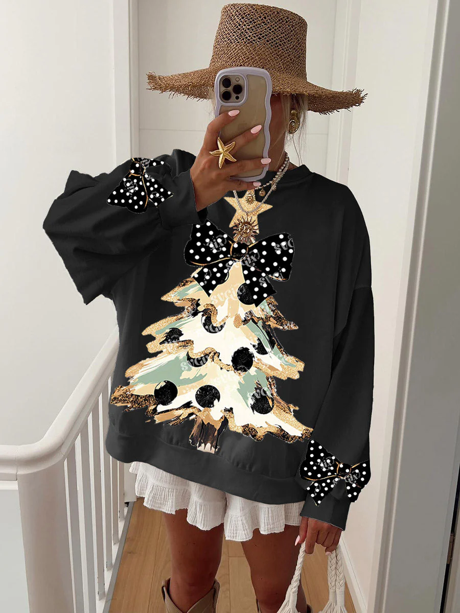 Women's Vintage Gold Dust Black Polka Dot Bow and Christmas Tree Fun Print Sweatshirt - Image 3