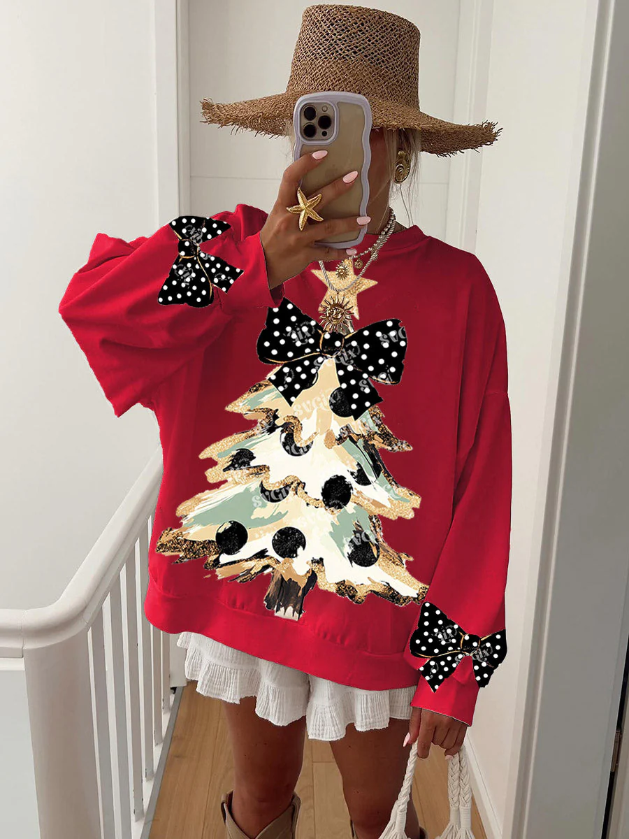 Women's Vintage Gold Dust Black Polka Dot Bow and Christmas Tree Fun Print Sweatshirt - Image 4