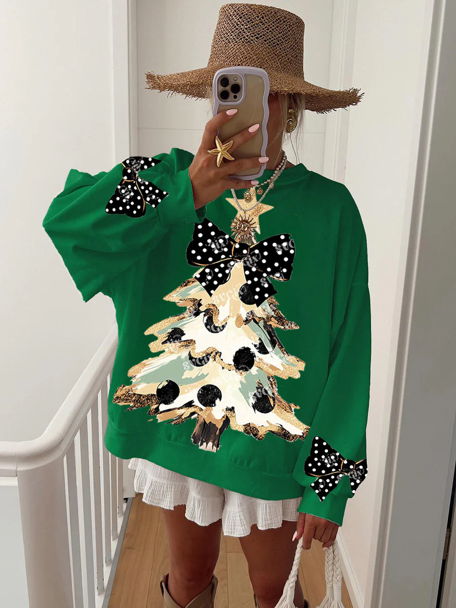Women's Vintage Gold Dust Black Polka Dot Bow and Christmas Tree Fun Print Sweatshirt - Image 5