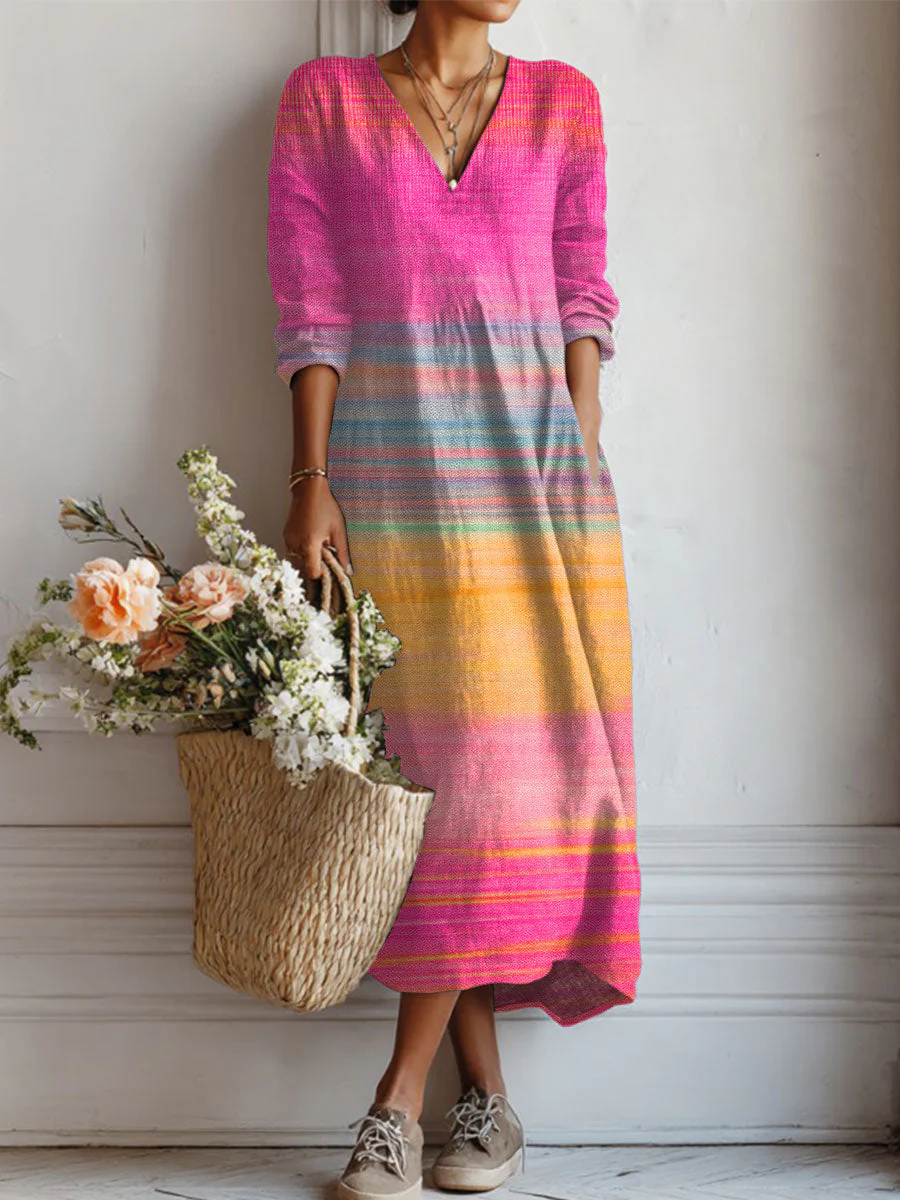 Women's Vintage Gradient Art Print Linen Pocket Tunic Dress