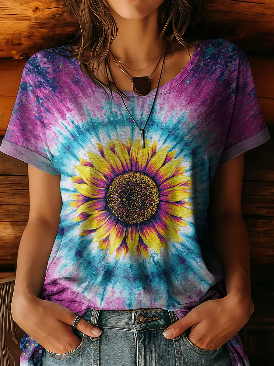 Women's Vintage Gradient Sunflower Art Print Casual Round Neck Short Sleeve T-shirt
