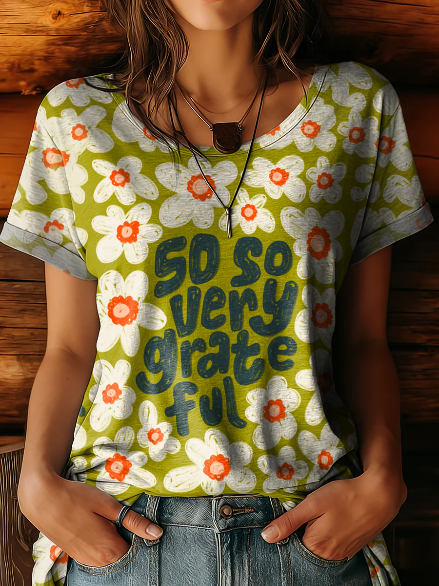 Women's Vintage Green Floral 50 So Very Grateful Art Printed Casual Round Neck Short Sleeve Cotton T-shirt