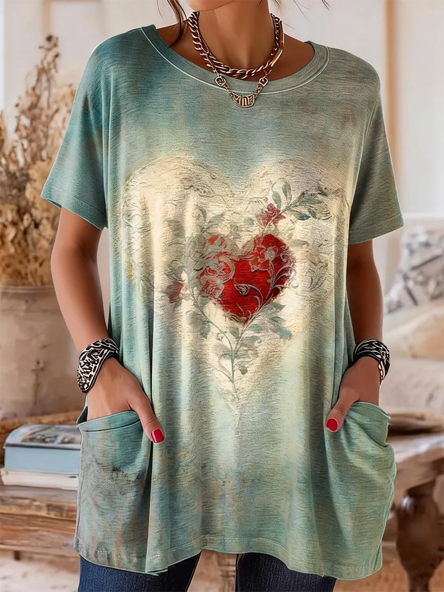 Women's Vintage Heart Pattern Art Print Casual Short-sleeve Crew Neck Pocket Cotton T-shirt