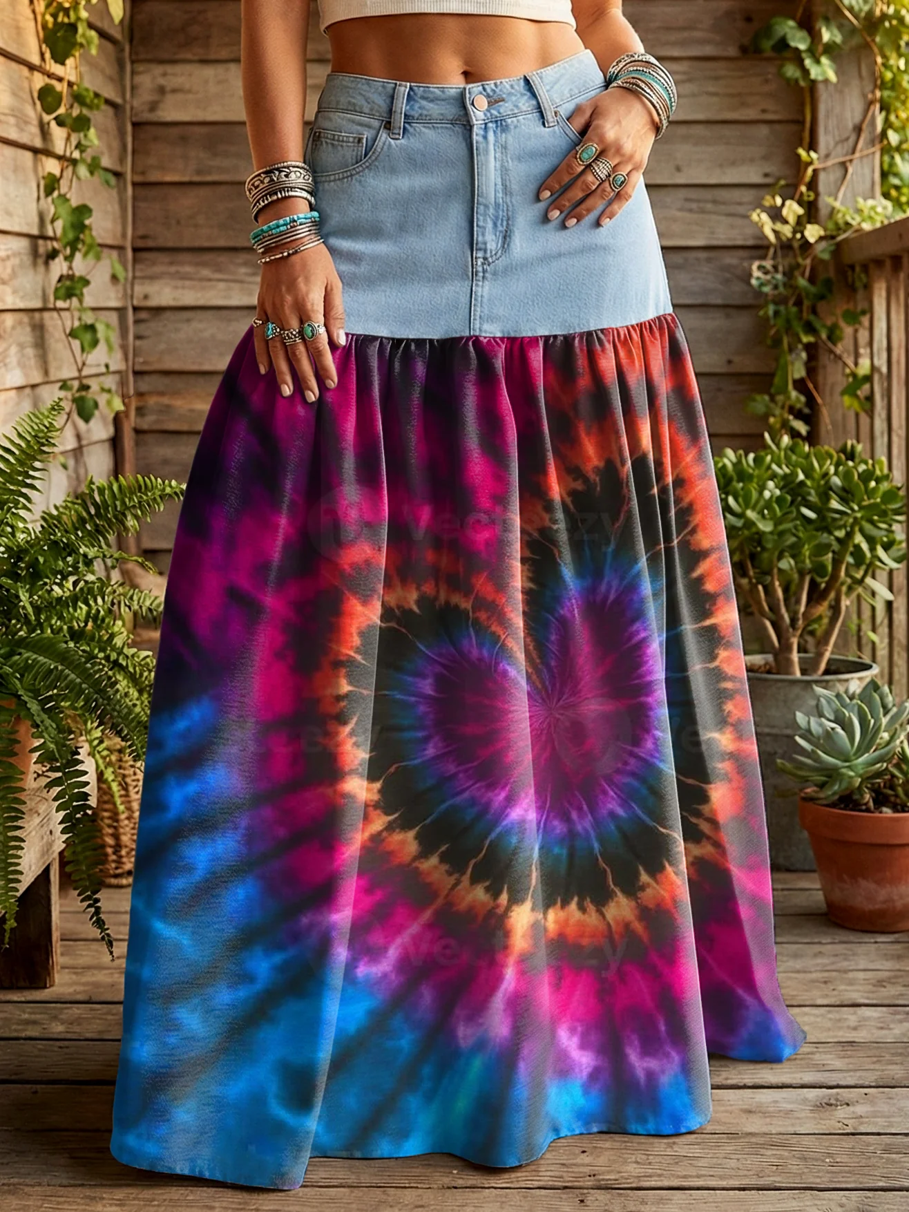 Women's Vintage Heart Tie-dye Gradient Art Printed Casual Denim Patchwork Half Skirt