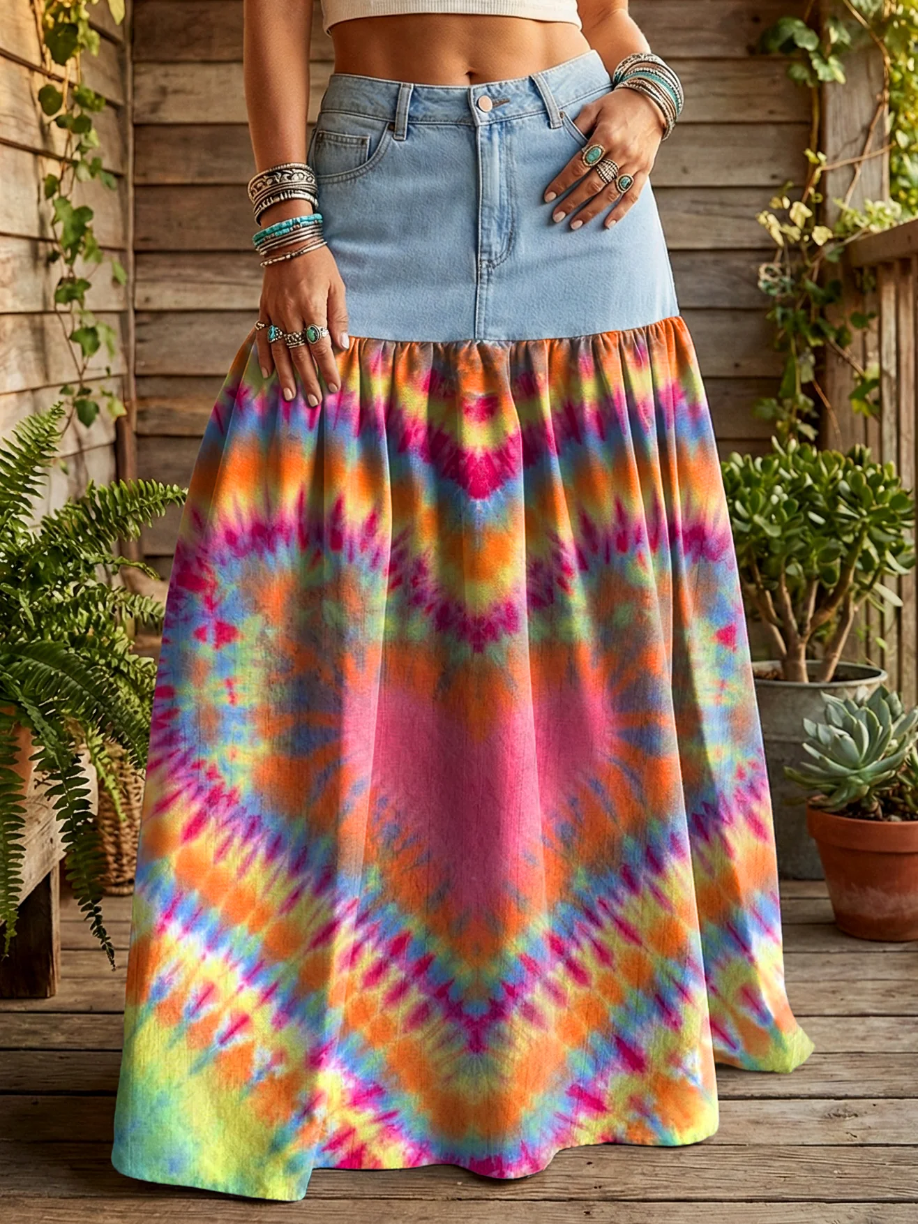 Women's Vintage Heart Tie-dye Gradient Art Printed Casual Denim Patchwork Half Skirt