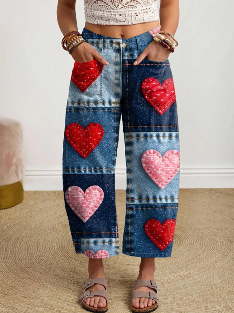 Women's Vintage Hippie Style Heart-shaped Patchwork Art Print Denim Jeans