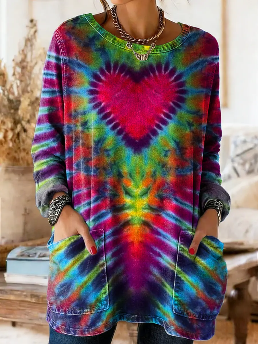 Women's Vintage Hippie Tie-dye Art Print Casual Washed Denim Cotton Top