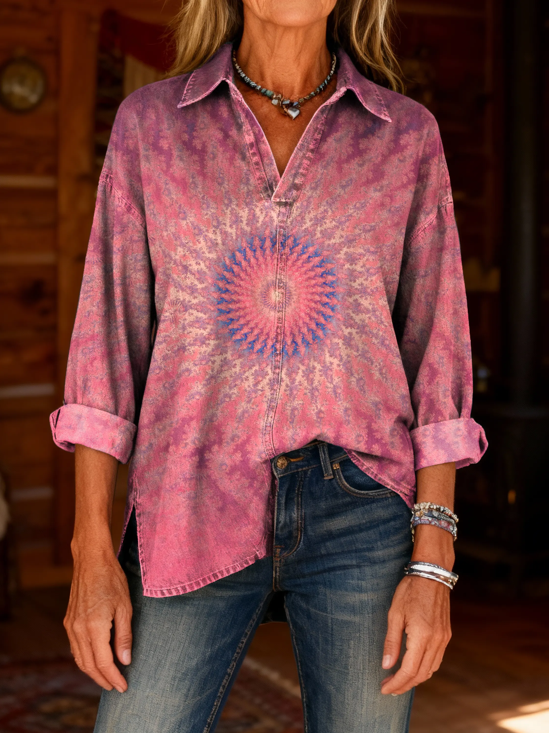 Women's Vintage Kaleidoscope Art Print Casual Washed Denim Cotton Top