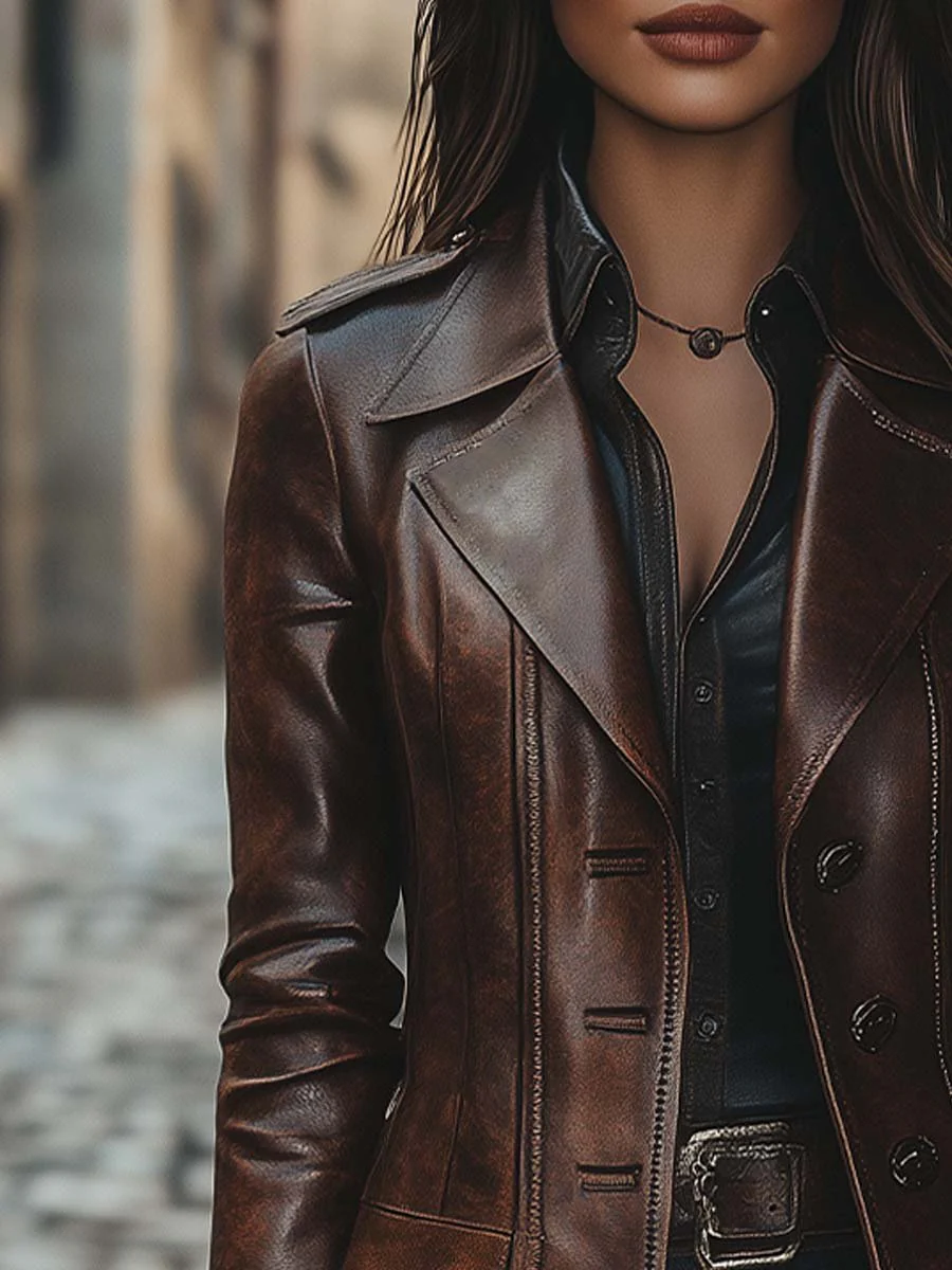 Women's Vintage Lapel Button Leather Long Jacket - Image 2