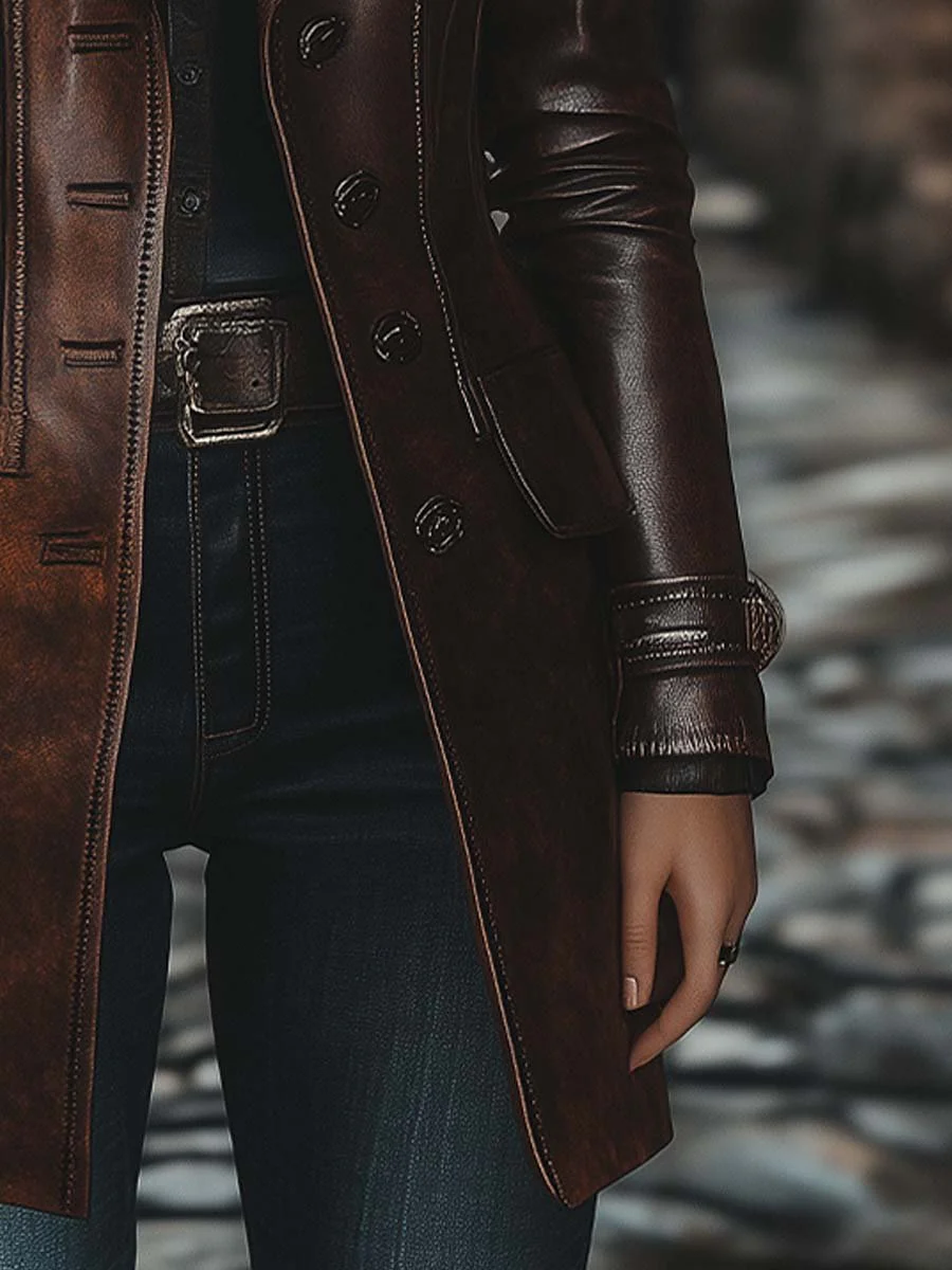 Women's Vintage Lapel Button Leather Long Jacket - Image 5