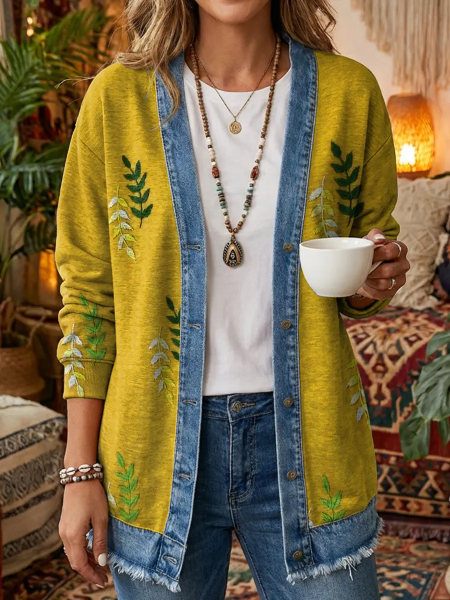 Women's Vintage Leaf Pattern Art Print Casual Cotton Denim Patchwork Jacket
