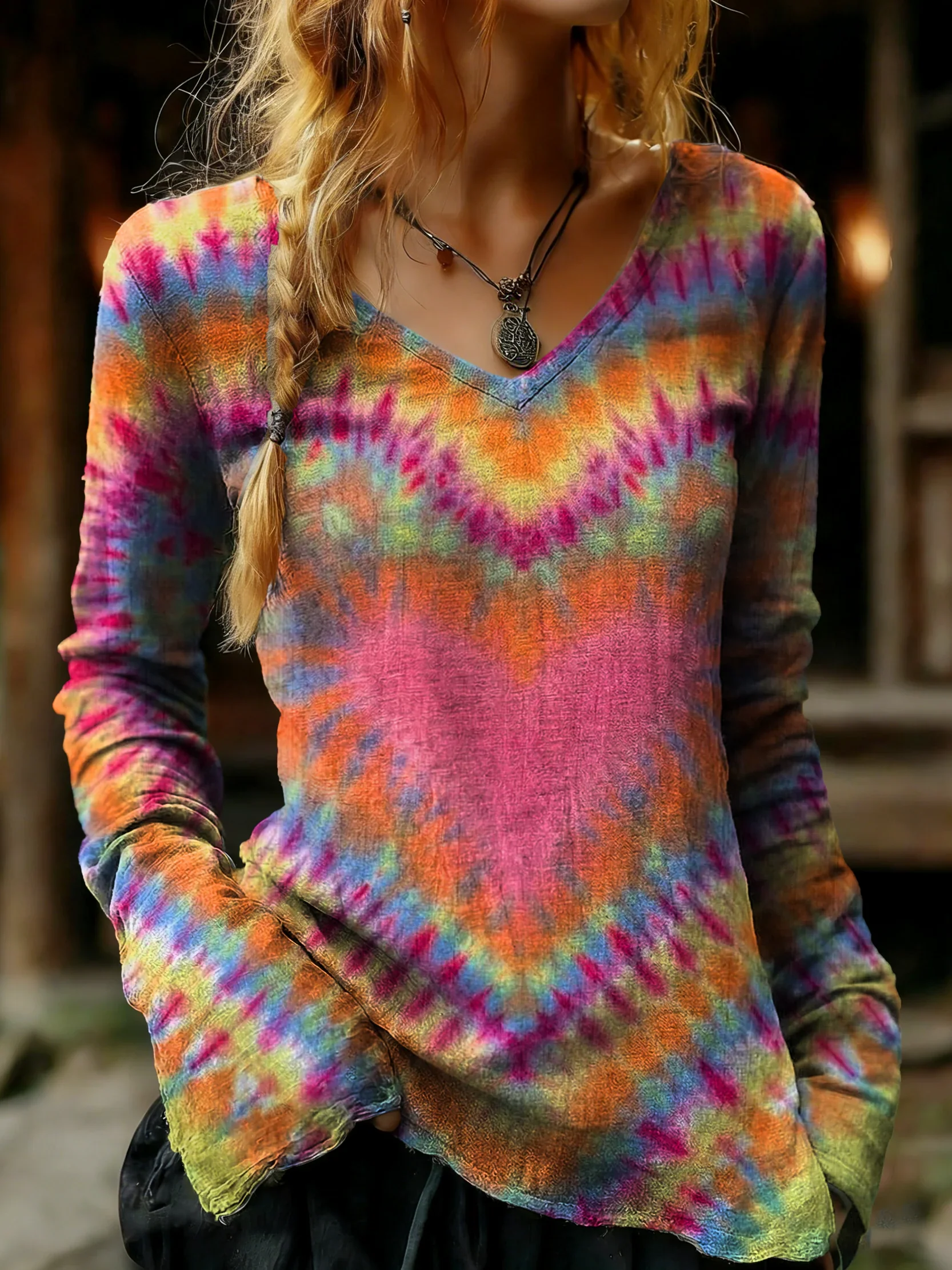 Women's Vintage Love Heart Tie-dye Gradient Art Print Casual V-neck Cotton T-shirt
