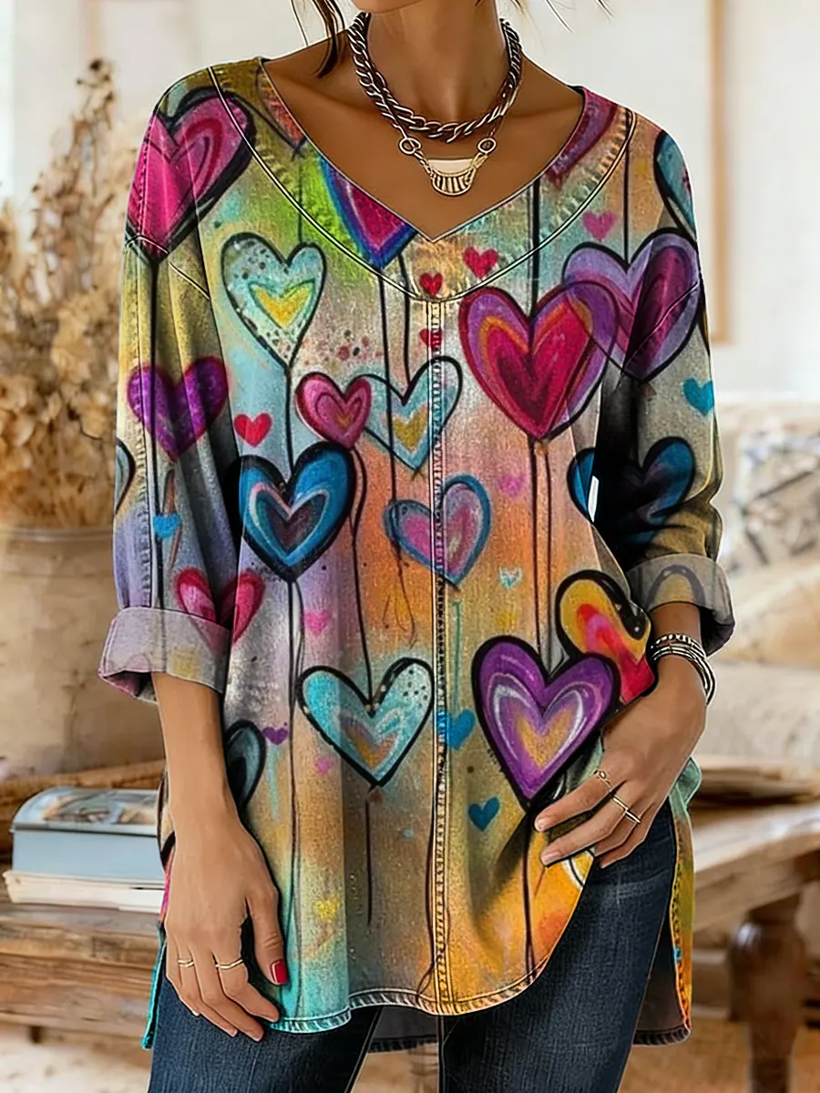Women's Vintage Oil Painting Heart Art Print Casual Washed Denim Cotton Top