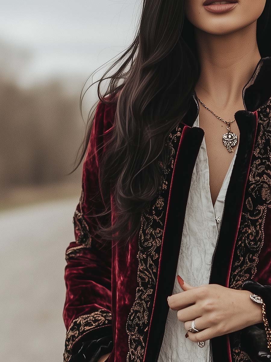 Women's Vintage Paisley Long Sleeves Velvet Jacket - Image 2