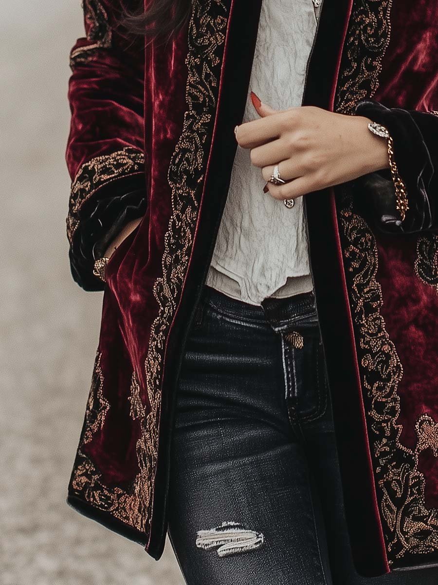 Women's Vintage Paisley Long Sleeves Velvet Jacket - Image 4